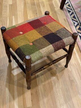 Vtg George B. Bent Co. Plaid Ottoman Turned Wood Foot Stool Upholstered Wooden